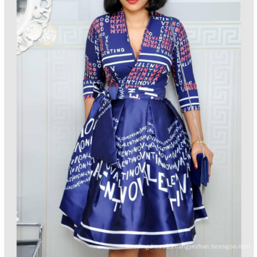 Deep V-neck Blue Printed Half Sleeve Pleated A-line Women Casual Dress